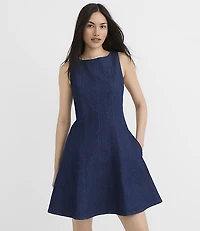 Seamed Denim Flare Mini Pocket Dress Classic Indigo Wash