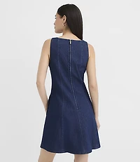Seamed Denim Flare Mini Pocket Dress Classic Indigo Wash