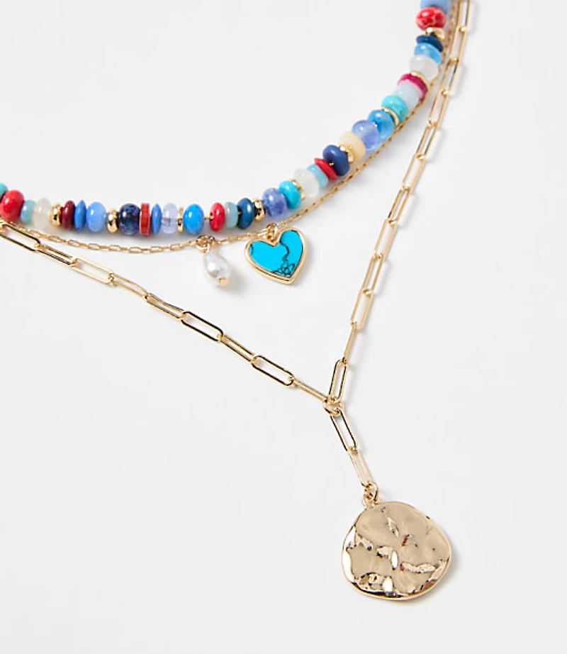 Pearlized Heart Coin Layered Necklace Set