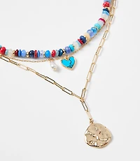 Pearlized Heart Coin Layered Necklace Set