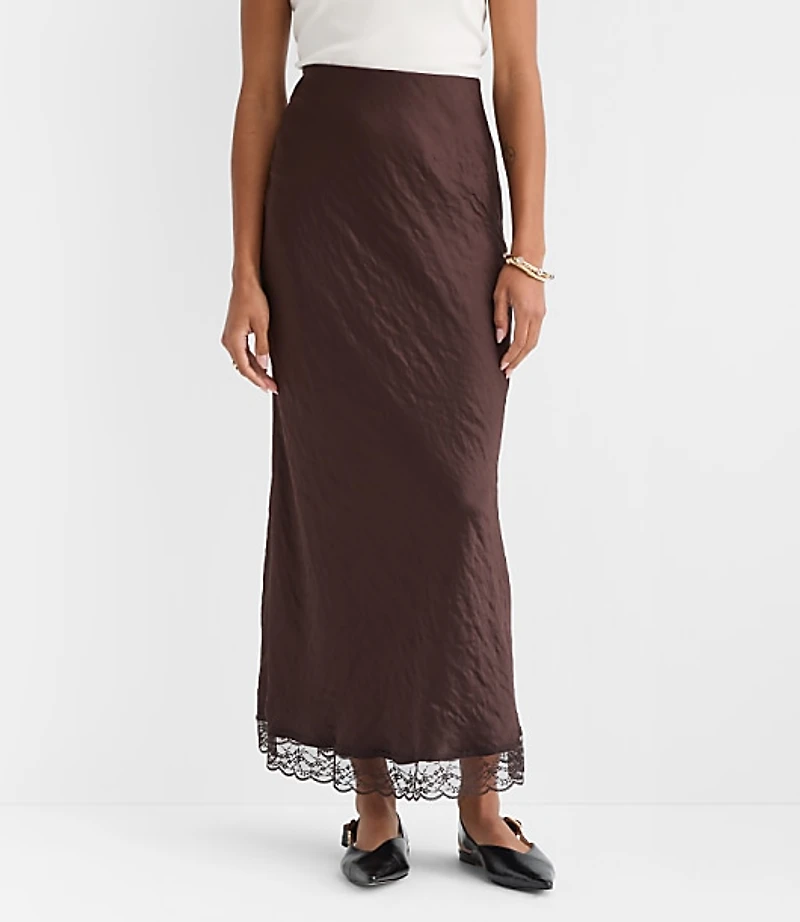 Lace Trim Satin Bias Maxi Skirt