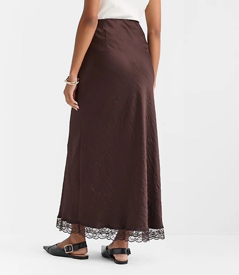 Lace Trim Satin Bias Maxi Skirt