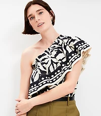 Petite Fern Poplin Ruffle One Shoulder Top