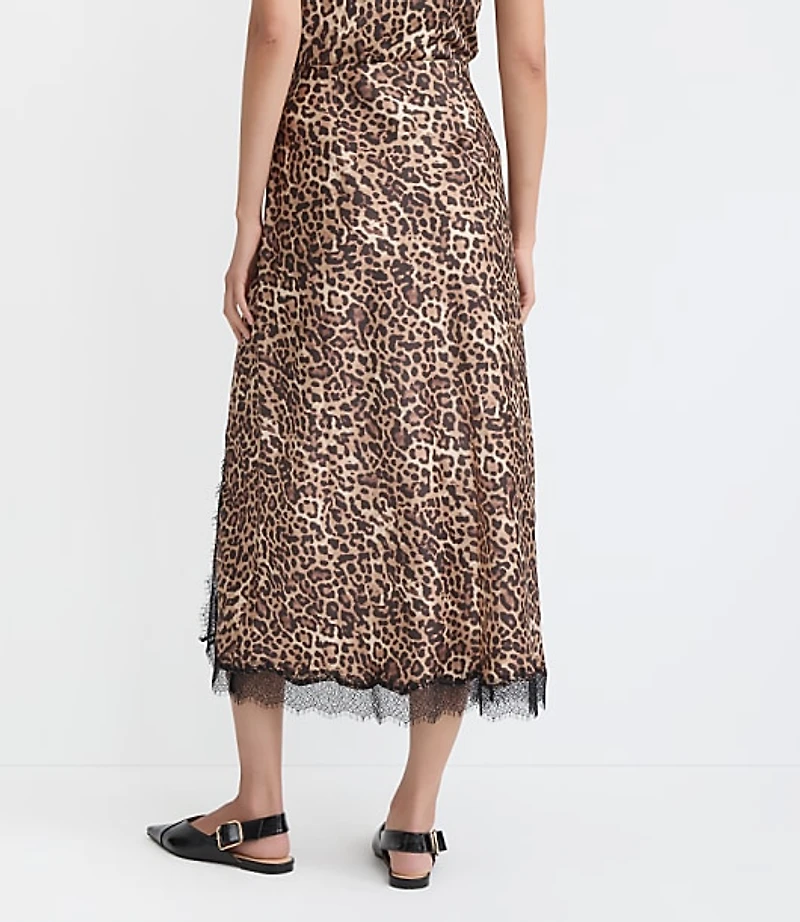 Leopard Print Lace Trim Satin Bias Midi Skirt
