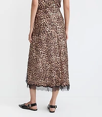 Leopard Print Lace Trim Satin Bias Midi Skirt