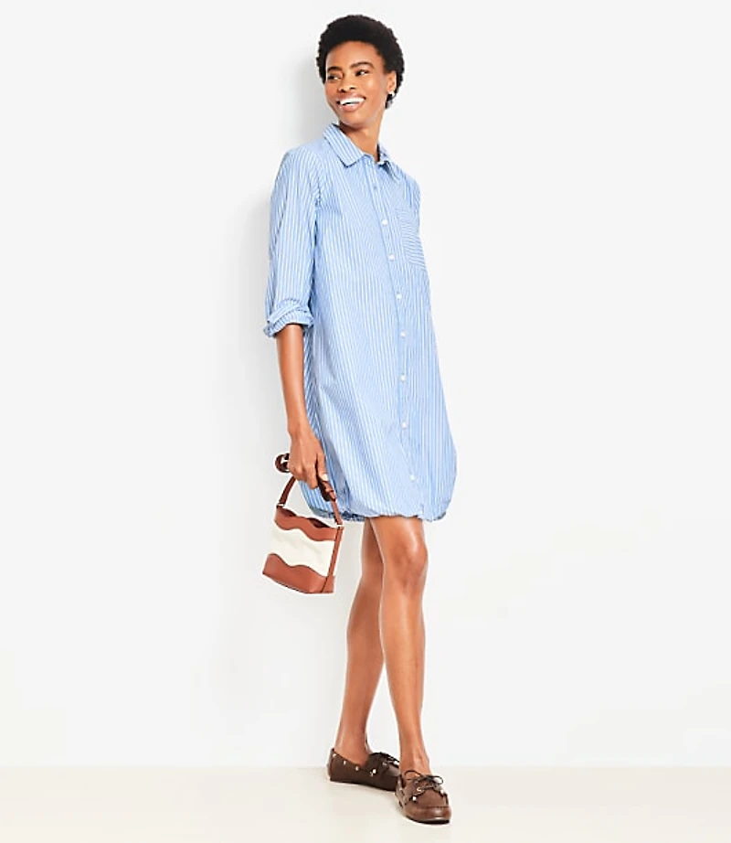 Striped Poplin Bubble Hem Mini Pocket Shirtdress