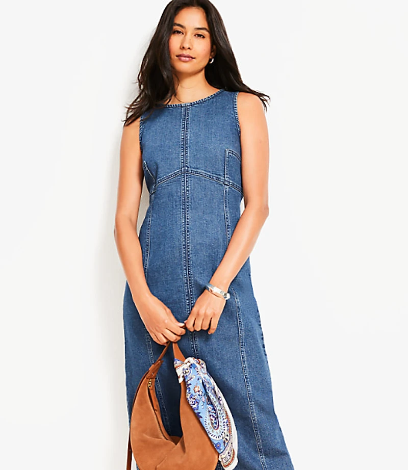 Seamed Denim Midi Dress Classic Mid Wash