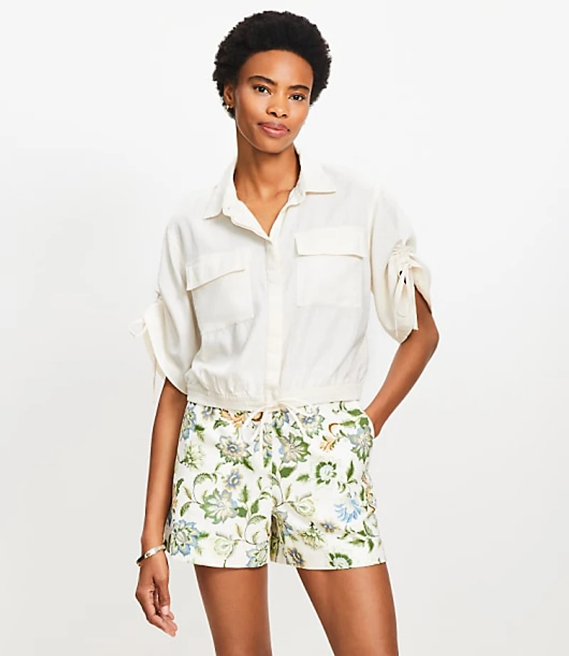 Linen Blend Drawstring Pocket Top