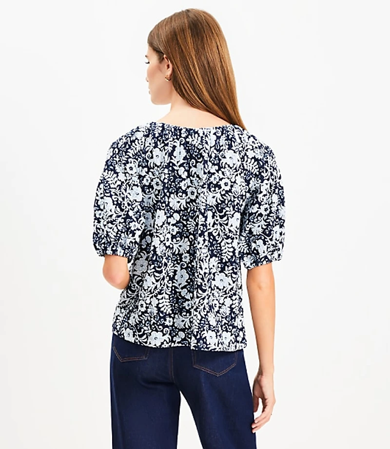 Petite Floral Tie Neck Bubble Sleeve Top