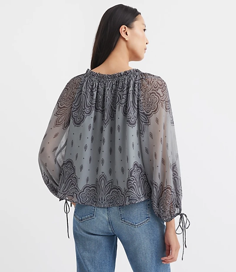 Petite Paisley Ruffle Neck Tie Cuff Blouse