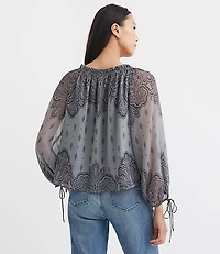 Petite Paisley Ruffle Neck Tie Cuff Blouse