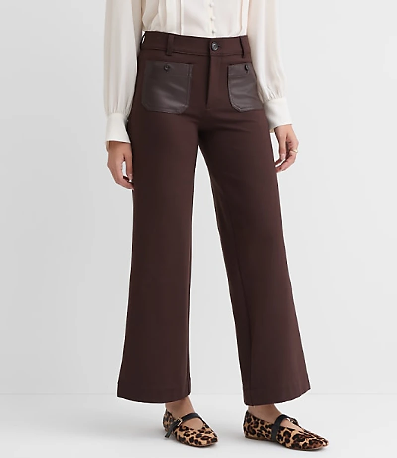 Petite Faux Leather Pocket Palmer Wide Leg Pants in Ponte