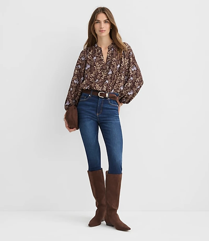 Petite Garden Blouson Sleeve Split Neck Blouse
