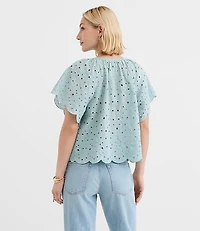 Scalloped Eyelet Flutter Sleeve Top