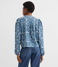 Floral Crinkle Knit Split Neck Blouse