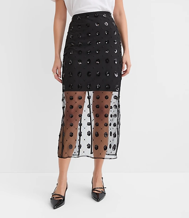 Petite Floral Sequin Overlay Midi Skirt