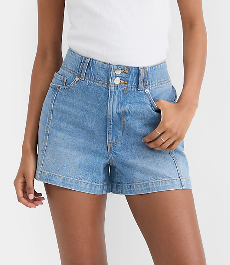Rivete Double Shank High Rise Denim Shorts Mid Wash
