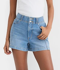 Rivete Double Shank High Rise Denim Shorts Mid Wash