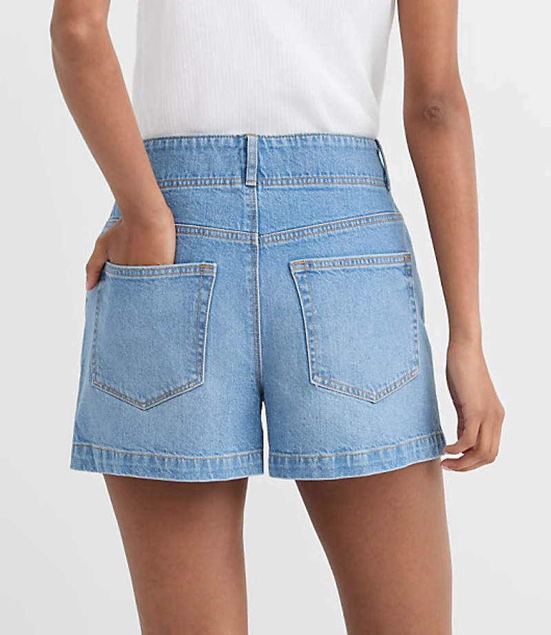 Rivete Double Shank High Rise Denim Shorts Mid Wash