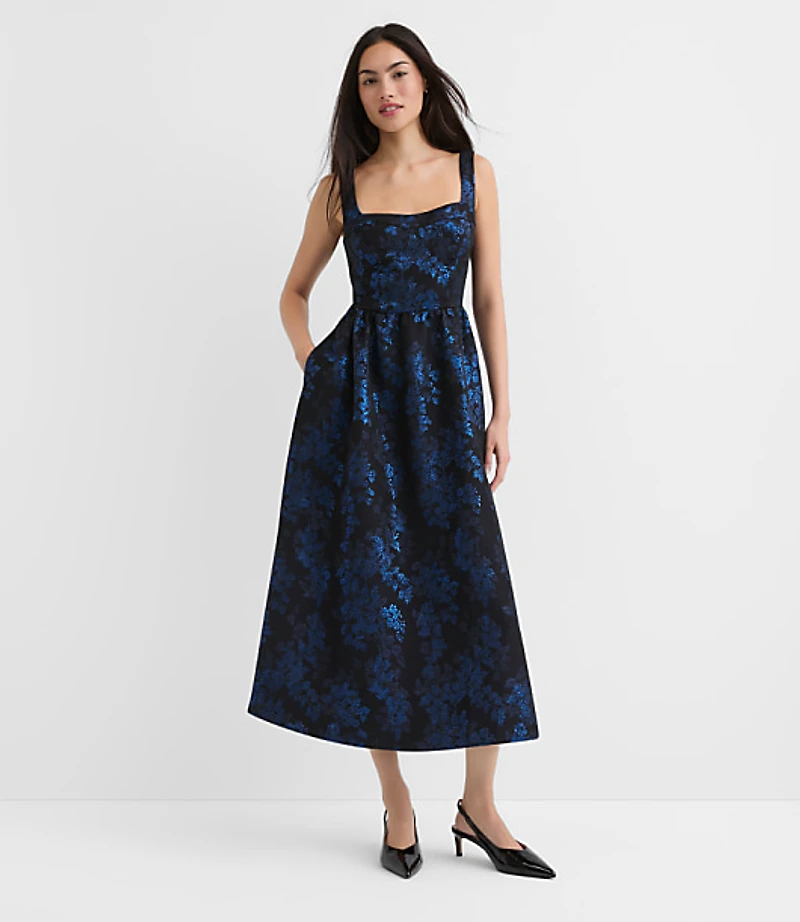 Petite Shimmer Floral Corset Seamed Midi Pocket Dress