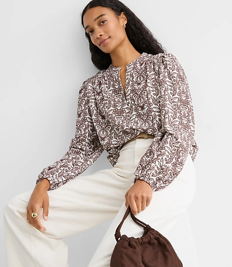 Petite Lace Garden Crinkle Knit Split Neck Blouse