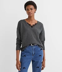 Lace Trim V-Neck Relaxed Everyday Sweater