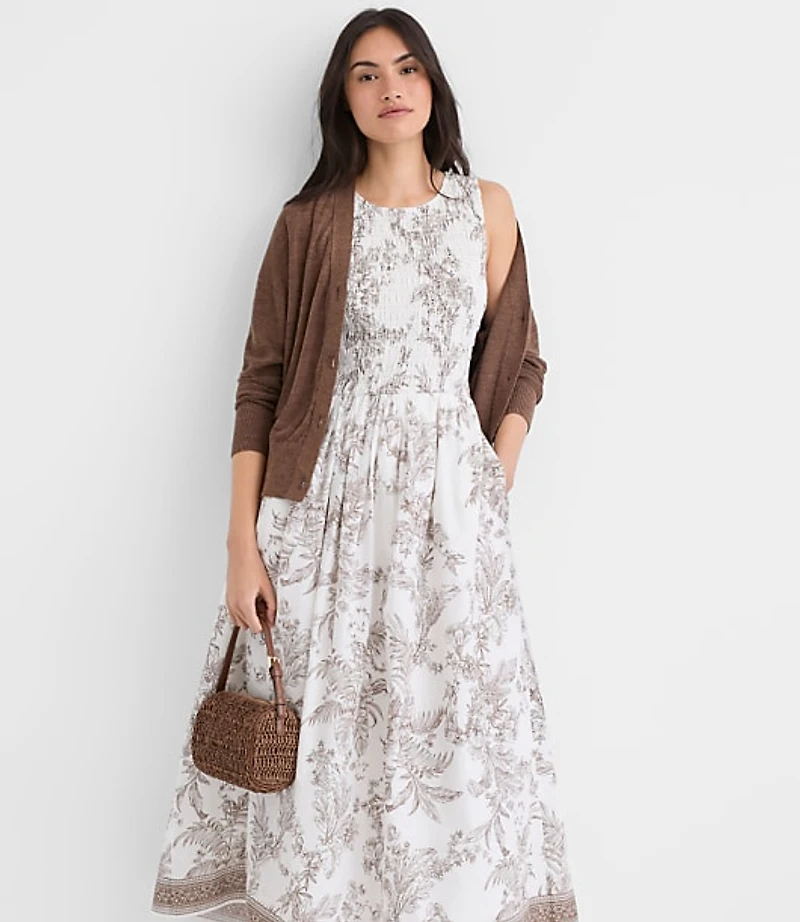 Floral Toile Smocked Midi Pocket Dress