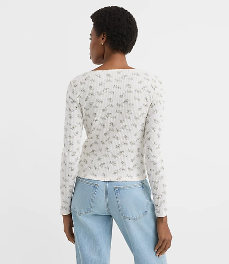 Petite Floral Scalloped Ribbed Square Neck Cardigan