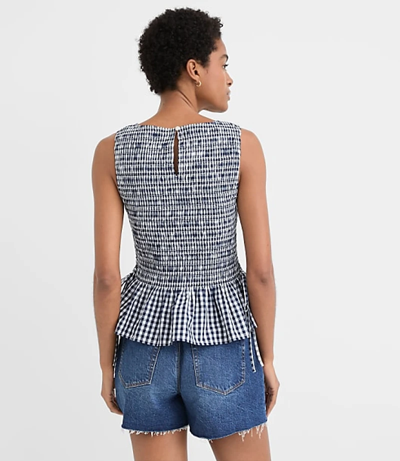 Gingham Poplin Side Tie Smocked Peplum Shell