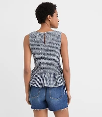 Gingham Poplin Side Tie Smocked Peplum Shell