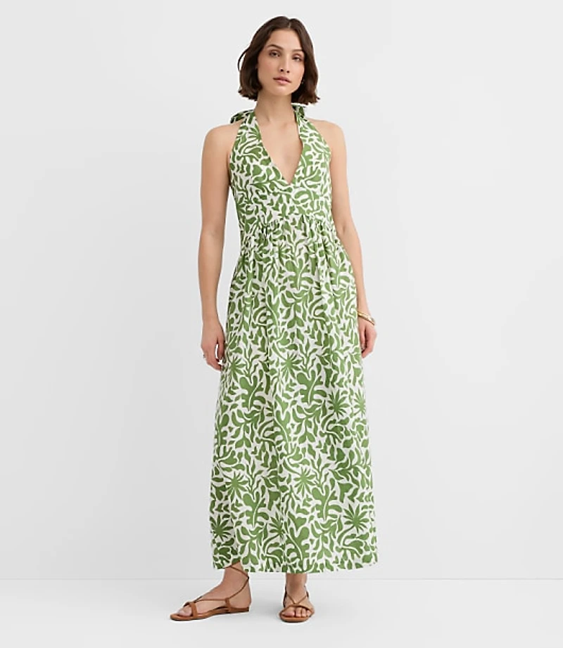 Petite LOFT Beach Palm Linen Cotton Halter Maxi Dress