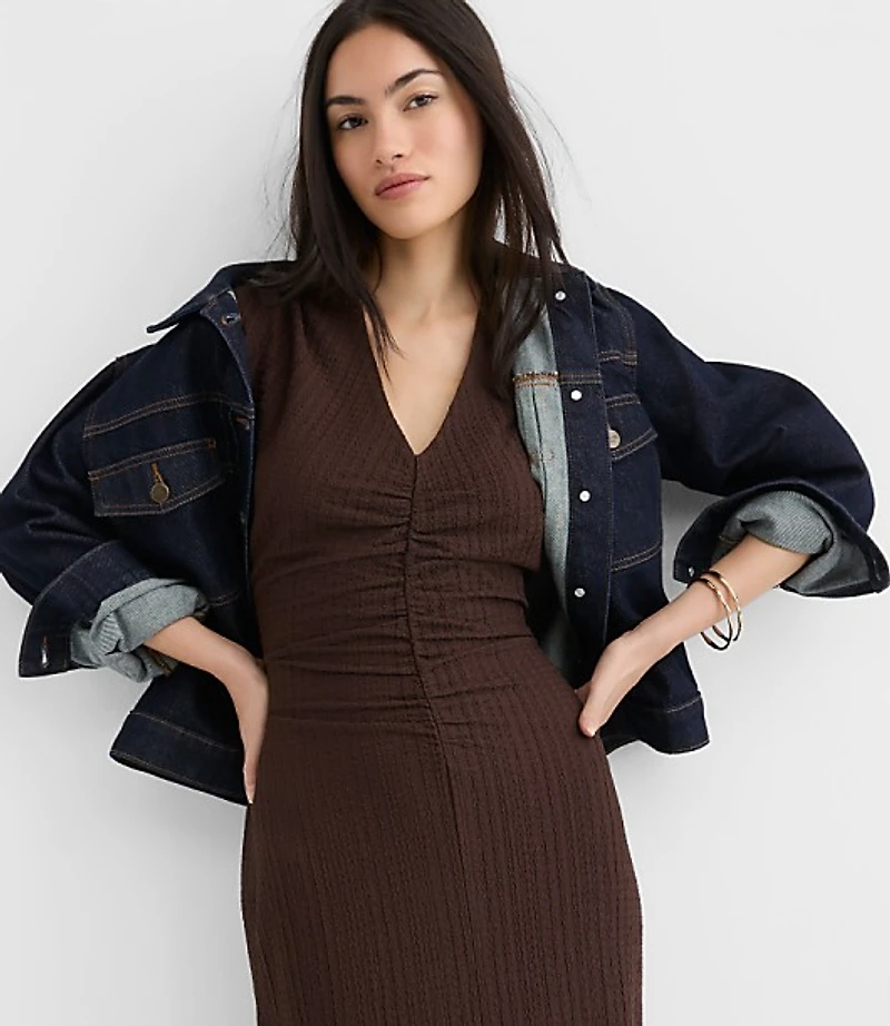 Textured Ruched V-Neck Midi Dress