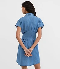 Chambray Pleated Mini Pocket Shirtdress