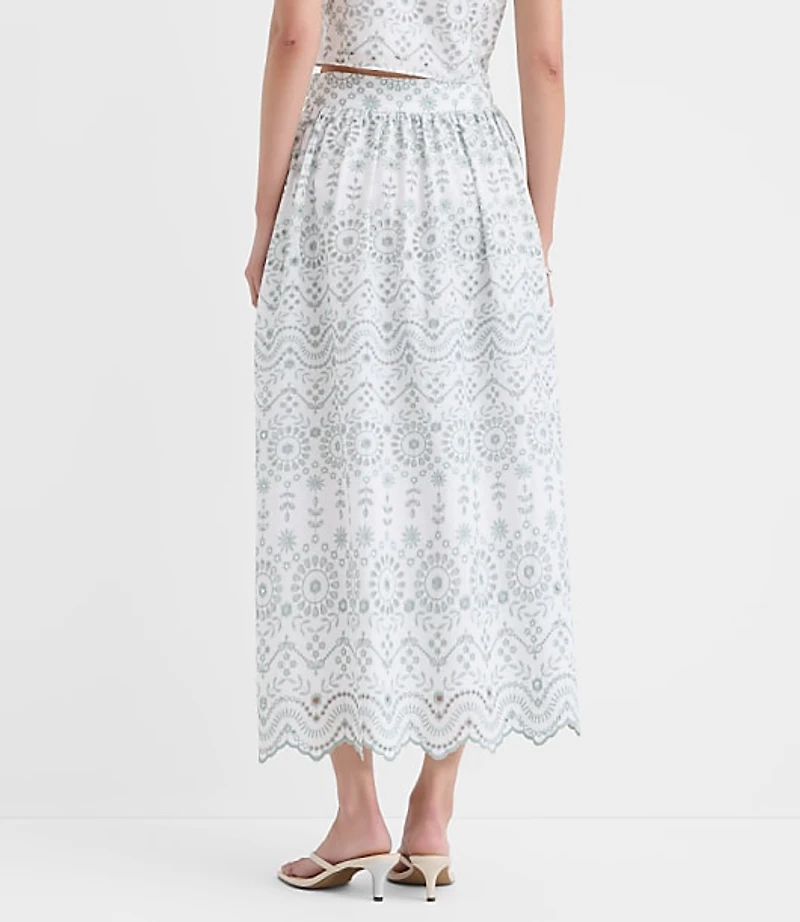 Scalloped Eyelet Poplin Midi Skirt