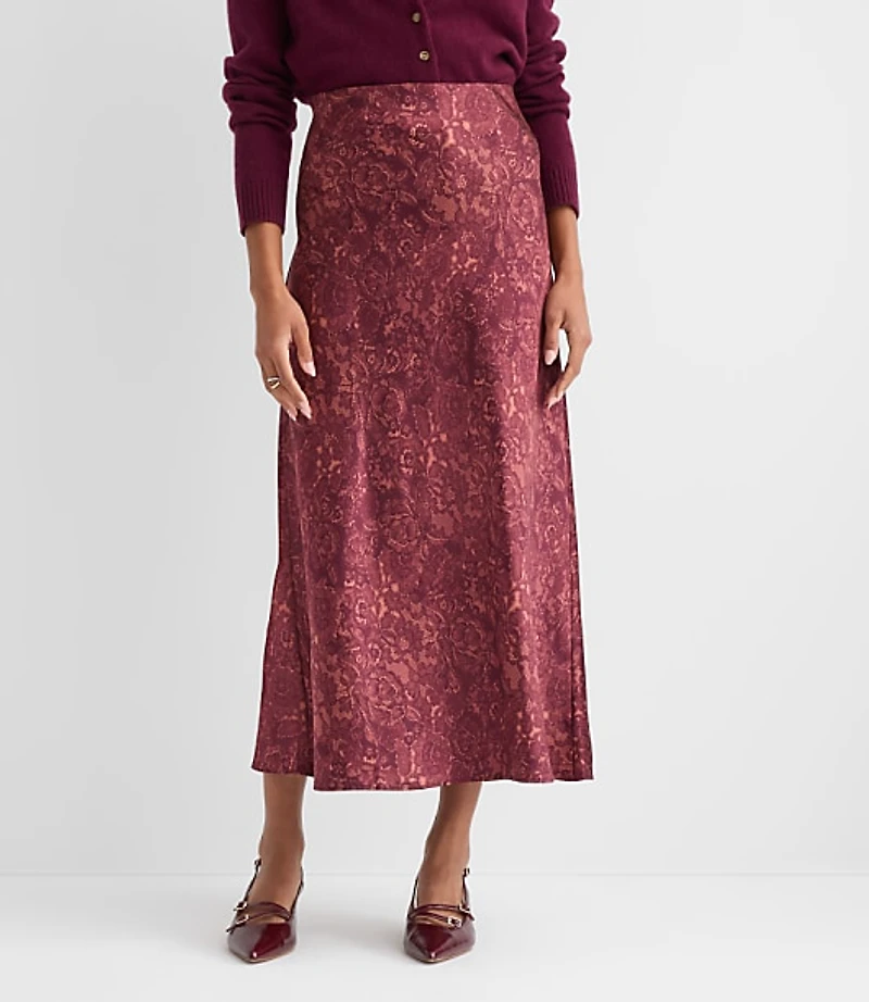 Floral Lace Print Satin Bias Maxi Skirt