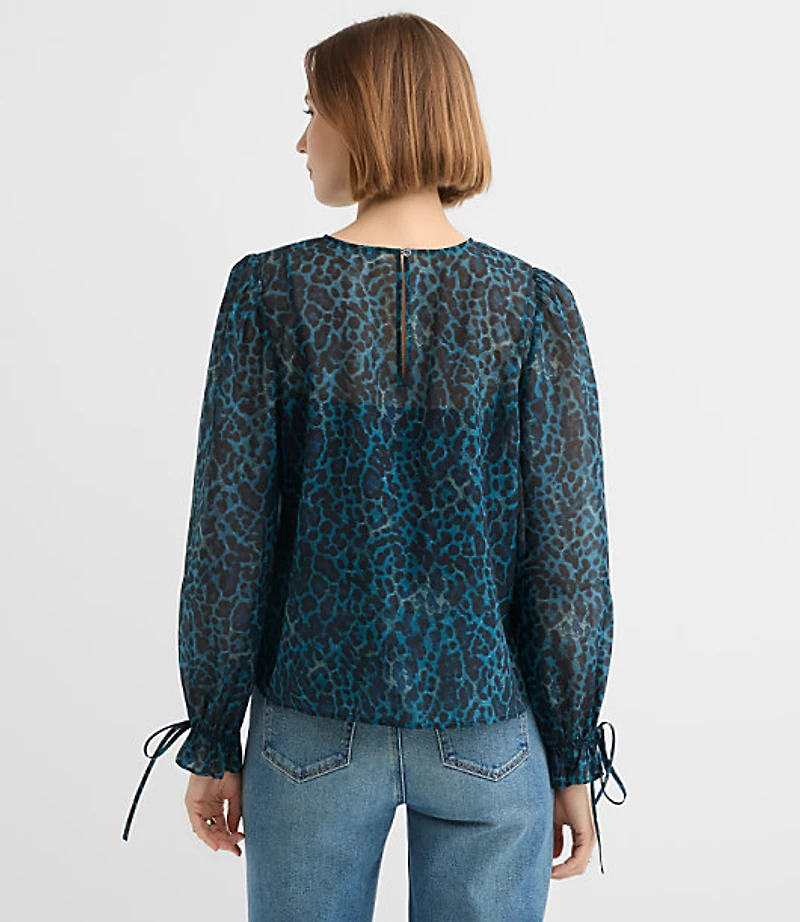 Petite Leopard Print Ruffle Tie Cuff Blouse