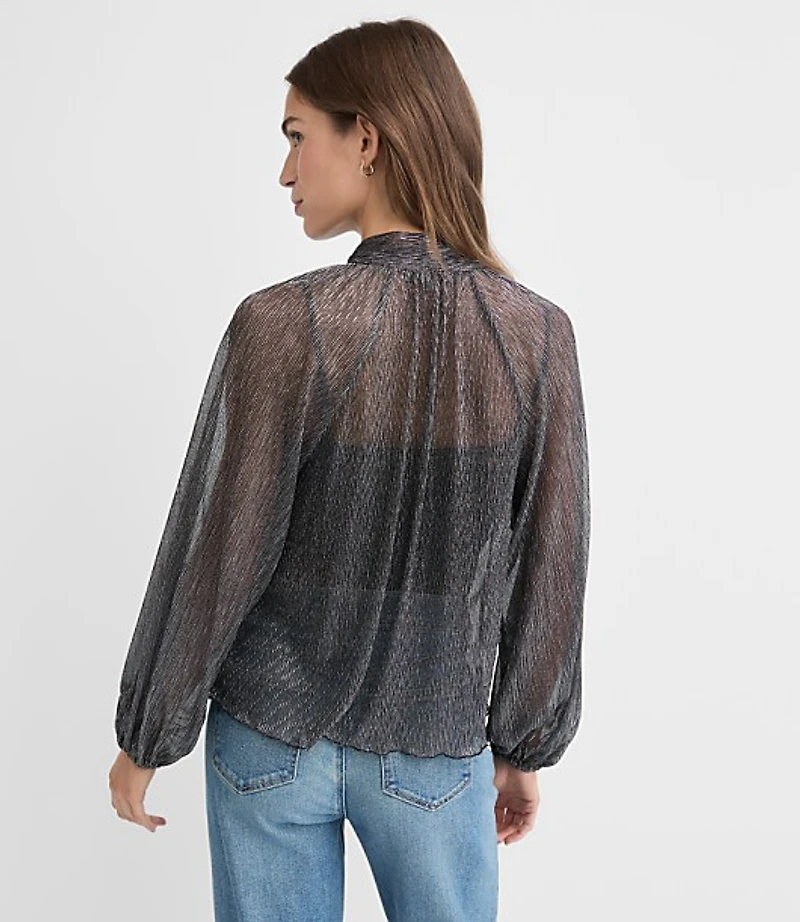 Petite Metallic Shirred Tie Neck Blouse