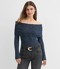 Petite Shimmer Ribbed Flare Sleeve Off The Shoulder Sweater