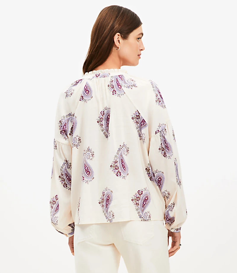 Petite Paisley Draped Sleeve Henley Blouse