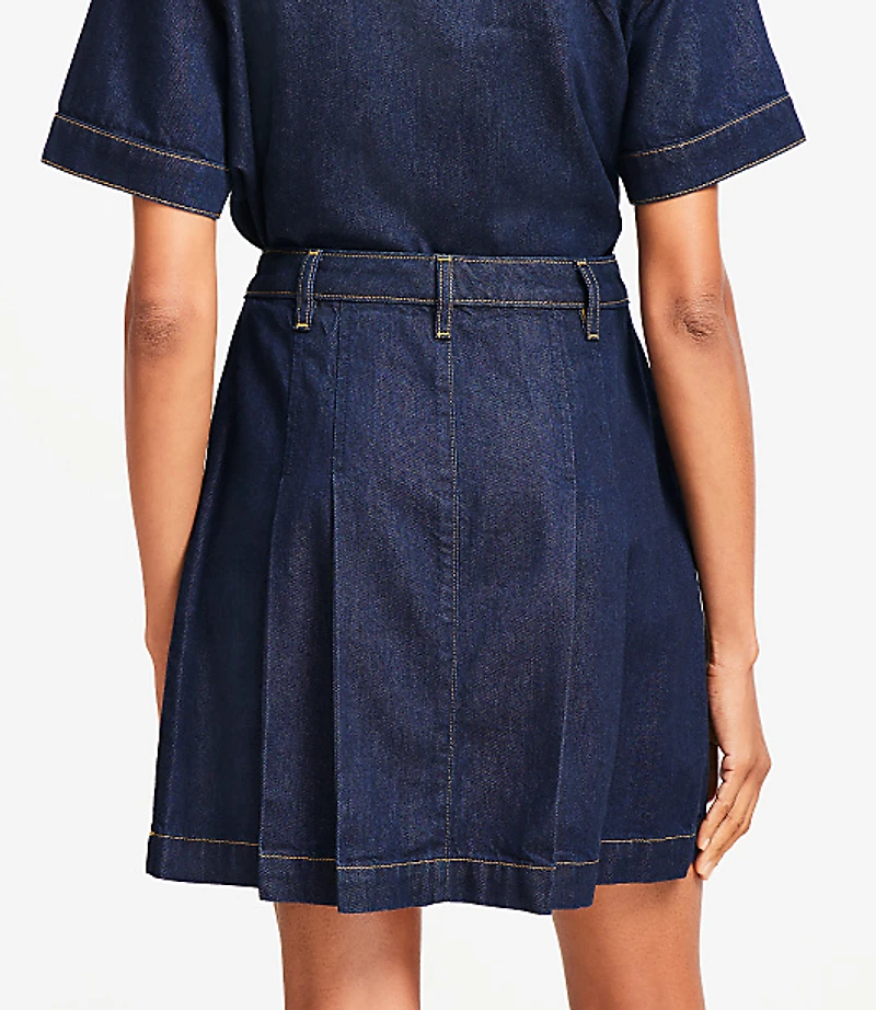 Pleated Denim Mini Skirt Classic Rinse Wash