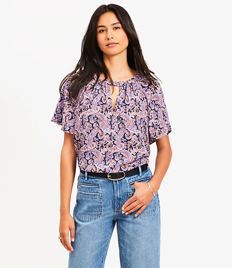 Petite Paisley Cutout Mixed Media Blouse