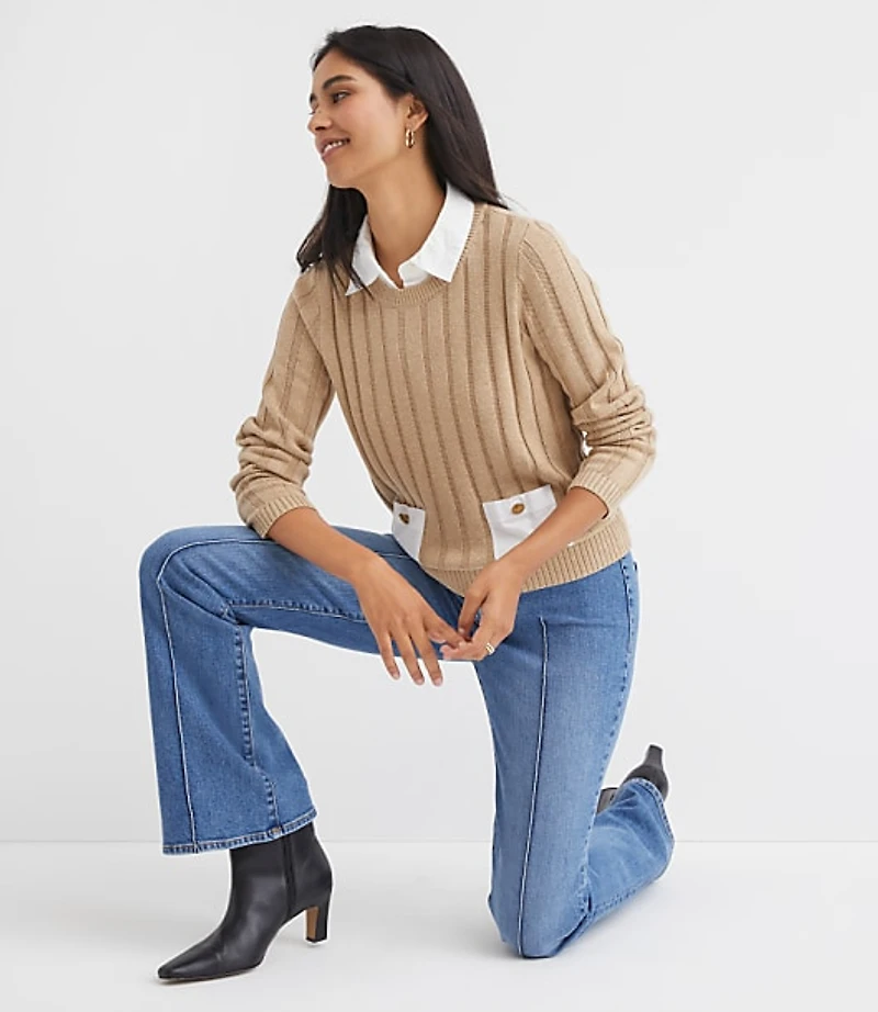 Petite Ribbed Mixed Media Pocket Sweater