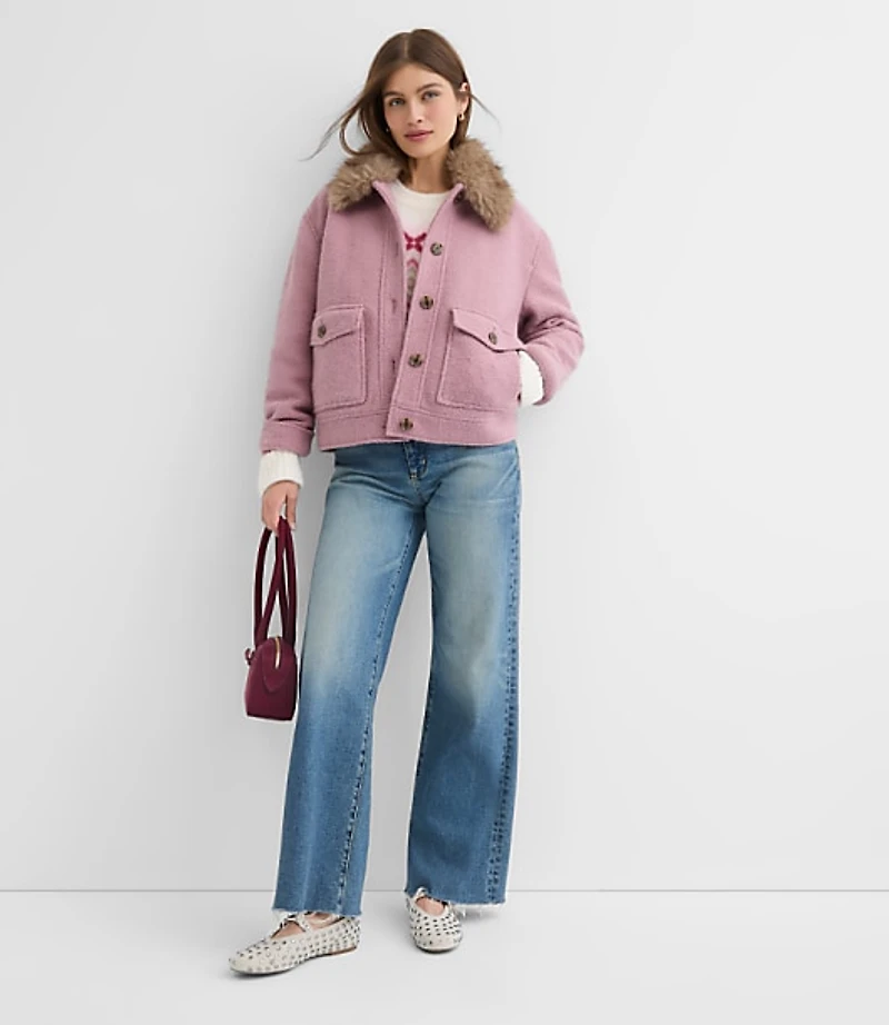 Boucle Faux Fur Collar Shirt Jacket