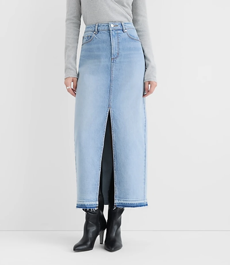 Rivete Petite Front Slit Denim Maxi Skirt Vintage Light Wash