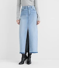 Rivete Petite Front Slit Denim Maxi Skirt Vintage Light Wash