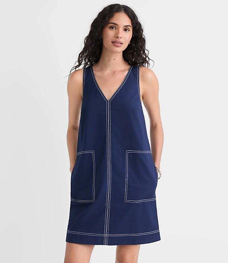 Topstitched Double V Mini Pocket Dress