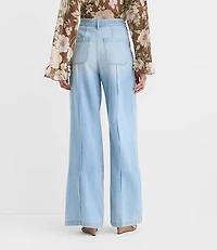 Petite Curvy Tie Waist High Rise Palazzo Jeans Light Wash