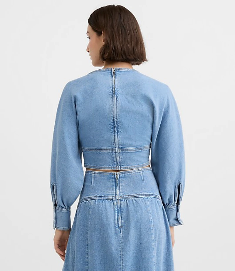 Petite Yoke Denim Blouse Light Wash Indigo