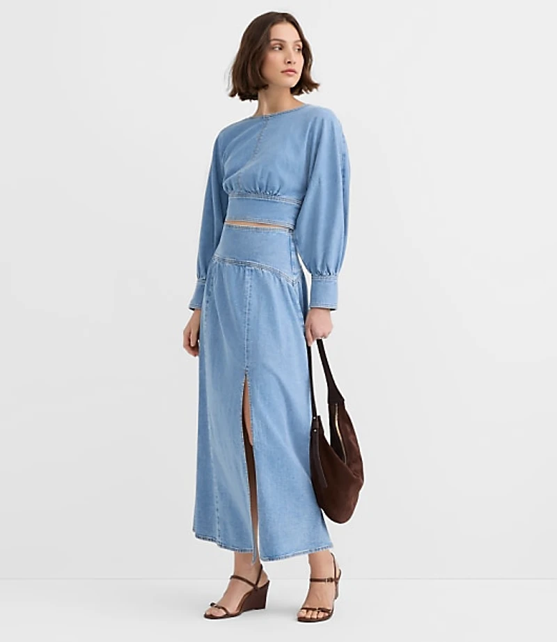 Petite Yoke Denim Blouse Light Wash Indigo