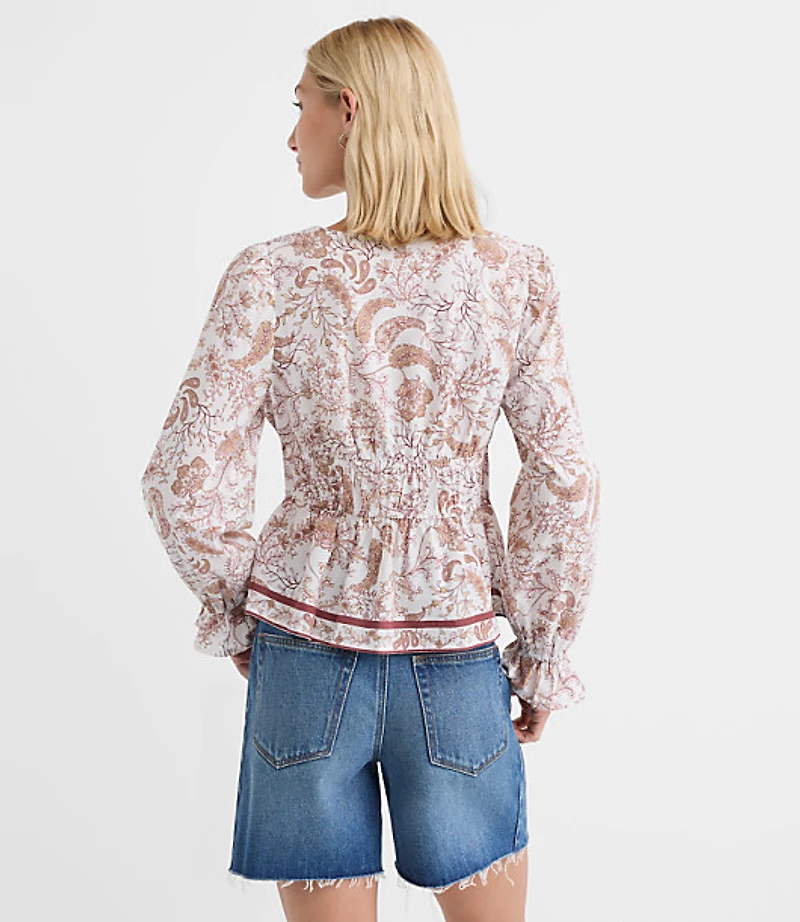 Petite Paisley Tie Waist V-Neck Blouse